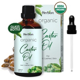 HERBION Naturals Organic Castor Oil (3.3 oz) USDA Certified, 100% Pure, Cold Pressed, Hexane-Free. Boosts Growth of Hair, Lashes. Skin Moisturizer & Hair Treatment. Glass Bottle w/Dropper, 12 Packs