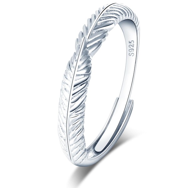 VIKILEE 925 Sterling Silver Ring Feather Shaped Rings Adjustable Size