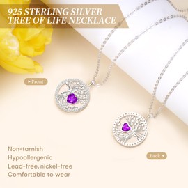 HOH-Tech Tree of Life Necklace for Women 925 Sterling Silver Tree of Life Pendant Collar del Arbol de la Vida Birthstone Jewelry Valentine's Birthday Anniversary Wedding Christmas Mothers Gifts-02-Feb