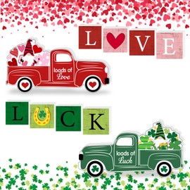 5 Pcs Valentines Day Decor and Reversible St Patricks Day Wood Signs, Double Side Printed Free Standing Love Luck Blocks and Truck Sign for Table Desk Tiered Tray Mantle, Valentines Day Decorations