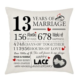 13th Wedding Anniversary Lace Anniversary Cushion Cover - Gift for Wife or Husband - 13 Years of Marriage Keepsake Present - Elegant 45x45cm Pillow Case (13 Years of Marriage)