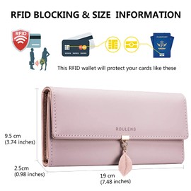 Roulens Ladies Purse, RFID Blocking PU Leather Wallet for Women Leaf Pendant Zipper Coin Long Purse with Multiple Card Slots and Roomy Compartment