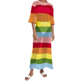 LANNEW Women's Crochet Cover Ups for Bikini Swimsuit Half Sleeve Bathing Suit Rainbow Swimwear Long Beach Dresses