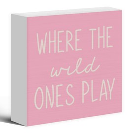 Luipk Where The Wild Ones Play Pink Wood Box Sign Desk Decor 5X5, Nursery Kids Room Wooden Block Sign Decorations for Playroom Toddler Boys Girls Room Wall Tabletop Shelf Decor