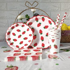 Strawberry Party Decorations Supplies Includes Plates,Cups,Napkins and Straws Summer Fruit Tableware Set for Birthdays,Baby Shower,Sweet One Party Decorations, Serves 20 Guests (Strawberry 1#)
