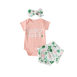 Infant Baby Girl Bodysuit St Patrick’s Day Romper and Shorts Outfit Newborn Shamrock One-Piece Jumpsuit Clothes Set (Lucky Charm, 12-18 Months)