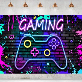 Auch Streaming Backdrop 7x5 Feet Video Games Brick Wall Banner Neon Graffiti Gamepad Gaming Gamer Boys Men Teens Game Night Party Decorations Birthday Photography Background (Games)