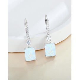 Guesma White Opal Solid Sterling Silver Dangle Earrings - 10x8mm Cushion Princess Emerald Cut Birthstone Earrings for Women Leverback Drop 18K White Gold Plated Jewelry