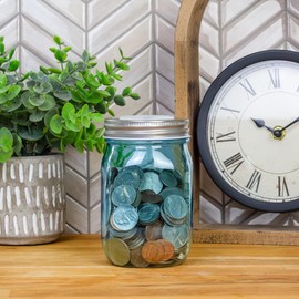 Cornucopia Brands Small Coin Bank Jars (4-Pack, Blue); 16oz Plastic Mason Jar Coin Banks w/SIlver Slotted Lids
