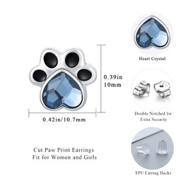 Paw Earrings 925 Sterling Silver Dog Paw Earrings Heart Cute Animal Earring Crystal Hypoallergenic Studs Jewellery Gift for Women Girls (blue)