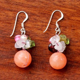 NOVICA Artisan Handmade Cultured Freshwater Pearl Rose Quartz Cluster Earrings Beaded Dangle .925 Sterling Silver Peridot Multigem Garnet Multicolor Thailand 'Strawberry Fantasy'