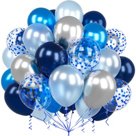 Ousuga Pack of 60 12 Inch Navy Light Blue Balloons Metallic Chrome Silver Blue Confetti Latex Balloons Set for Boys Men Birthday Wedding Baby Shower Party Decoration