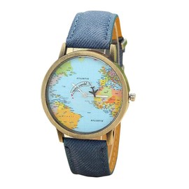 Unisex Retro Bronze Case Global Travel by Plane World Map PU Leather Band Quartz Watch Blue