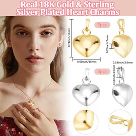 Beebeecraft 10Pcs 2 Colors Heart Charms 18K Gold Plated & 925 Sterling Silver Plated Large Love 3D Dangle Valentine Charms with 3.5mm Jump Ring for Jewellery Making Necklaces Bracelets Diy Crafts