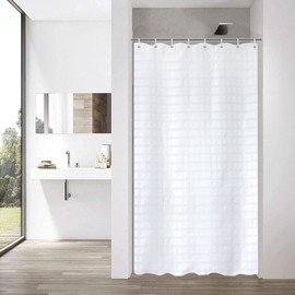YISURE Narrow Textile Shower Curtain 90 x 180 cm, White Geometric Small Bath Curtain with Metal Eyelets, Width 90 x Height 180 cm