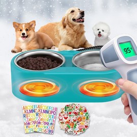 Heated Water Bowl for Cats Dogs, Heated Pet Bowl 47OZ with Removable Stainless Steel Double Bowl Warmer Water and Food, Waterproof Heated Dog Bowl Outdoor for Pet in Winter with Stickers