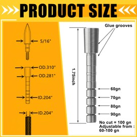 Frienda 15 Pack Stainless Steel Cut to Fit Arrow Inserts Suitable for ID. 204" 244" Carbon Arrows for 5/16" Field Point Thread Adjustable Weight 35-200 Grain(#3,#3 Id.204 (od.281) Od.310 60-100gn)