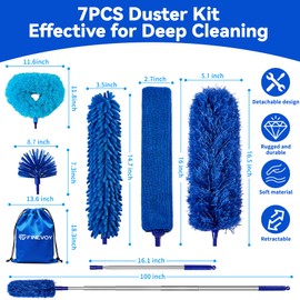 Finevoy Dusters for Cleaning, Duster with Extension Pole 7 in 1 Kit, Ceiling Fan Cleaner Duster Cobweb Duster, Long Dusters for High Ceilings, Microfiber Dusters for Ceiling Fan, Blinds and Furniture