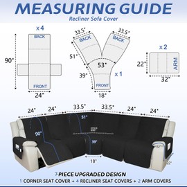 Arfntevss Recliner Sectional Couch Covers 1OO% Waterproof L Shape Sofa Cover for Reclining L Shaped Sectional Slipcover Set for Dog Washable Corner Non Slip Furniture Protector (5 Seater, Black)