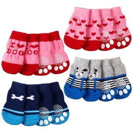 Shyyween 4 Pairs Valentine's Day Dog Cat Socks Non-Slip Dog Socks to Prevent Licking Paws Anti Slip Pet Socks Paw Protector Traction Dog Booties for Hot Pavement, Indoor on Hardwood Floor Wear, Large