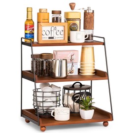 Youngcafe 3 Tier Coffee Bar Accessories and Organizer Shelf,Wooden Coffee Station Organizer for Countertop Coffee Bar Decor,Coffee Syrup Canisters Cups Rack for Bathroom,Kitchen