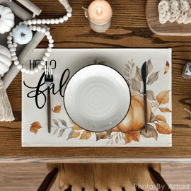 Artoid Mode Hello Fall Pumpkin Leaves Placemats Set of 4, 12x18 Inch Thanksgiving Vintage Table Mats for Dining Party Decoration