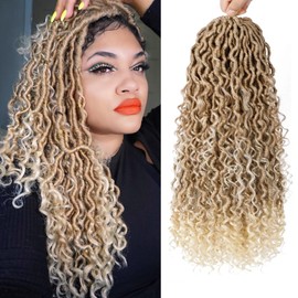 AMLUCKS 8 Packs Goddess Locs Crochet Hair Pre-Looped Boho Faux Locs Messy River Bohemian Crochet Hair for Black Women with Curly Ends (T27/613#, 18inch)