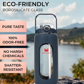 MIGHTY VESSEL 64 oz Glass Water Bottle – Dark Blue | Large Borosilicate Glass Jug with Straw & Time Marker – Leakproof, Travel-Ready Hydration for Sports, Gym, Daily Use