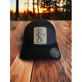 Sasquatch Trucker Hat - Snapback Cap - Big Foot Hiker Patch (Black/Black)