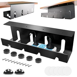 No Drill Under Desk Cable Management Tray, Steel Desk Cable Management Tray with Computer Wire Organizer and Desk Cord Organizer, 2Pack 31.5''Under Desk Black Cable Raceway for Cords /Power Strip