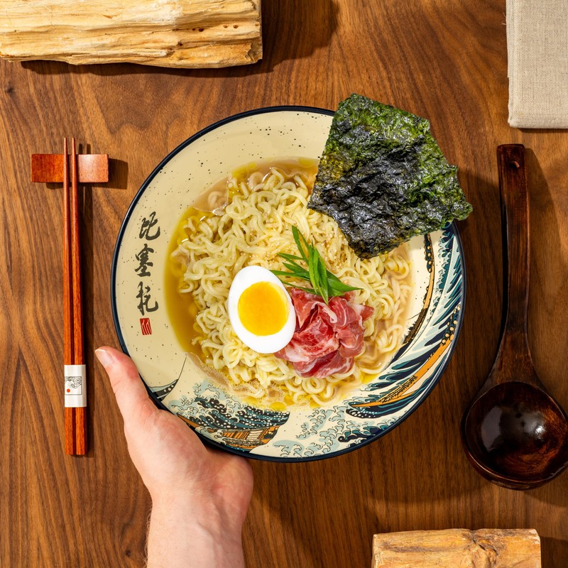 BICETTO Japanese Ramen Bowl Set with Great Wave Design -