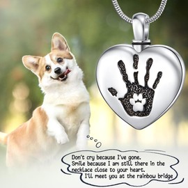 Fanery Sue Pet Ashes Necklace Cremation Jewelry Pet Memorial Gifts Heart Pendant for Loss of Dog Cat Pet Urn Necklaces Rainbow Bridge(You Left Paw Prints on My Heart silver black)