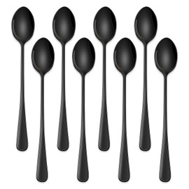 7.5 Inches Black Coffee Stirring Spoons Set,Set Of 8 Stanless Steel Iced Teaspoons,Long Handle Mixing Spoons For Cocktail And Sundae,Long Ice Cream Spoons