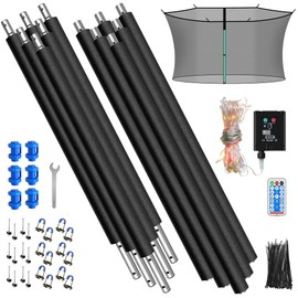 14FT Trampoline Replacement Net and 6 Universal Trampoline Enclosure Poles Kit with Solar Rope Light, Pole Caps & Hardware, Trampoline Accessories Kit Fit for 14" Round Frame with 6 Straight Pole