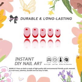 Valentines Press on Nails Short Oval MABKJLF Red French Tip Fake Nails False Nails with Designs Heart Gold Glitter Glossy Glue on Nails Stick on Nails for Women Girls 24 Pcs