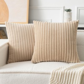 UGASA Velvet 24x24 Inch Soft Throw Pillow Cover Boho Farmhouse Decorative Corduroy Striped Both Sides Solid Square Cushion Case for Couch Bedroom Sofa Home, 1 Piece, Beige