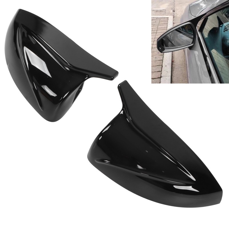 Pair Horned Rearview Side Door Mirror Covers Glossy Black Replacement