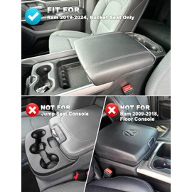 Car Center Console Cover for Dodge Ram 1500 2019-2024, Bucket Seat, PU Leather Trim, Armrest Cushion Pad, Anti-Scratch, Black-Blue Stitch