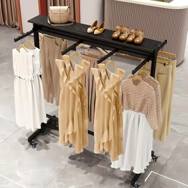 Clothing Rack with adjustable 8 Arms, Garment Rack Display Stand with Wheels and Shelf, Metal Clothes Hanger with Double Rod, Large Boutique Retail Stores Storage (Black, 59 * 19.6 * 61.02in)