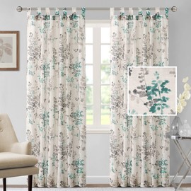 H.VERSAILTEX Linen Sheer Curtains for Living Room Sheer Panels 84 Inches Long Light Filtering Tab Top Window Treatment Drapes for Bedroom, 2 Panels, Vintage Classical Floral Print Turquoise and Taupe