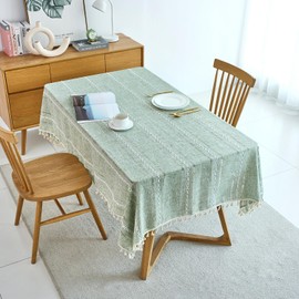 IBEQUEM Cotton Linen Table Cloth, Rectangular Stitching Tassel Tablecloth, Wrinkle Free Washable Rustic Soft Fabric Table Cover for Kitchen Dinning Buffet Decoration (Green, Rectangular)