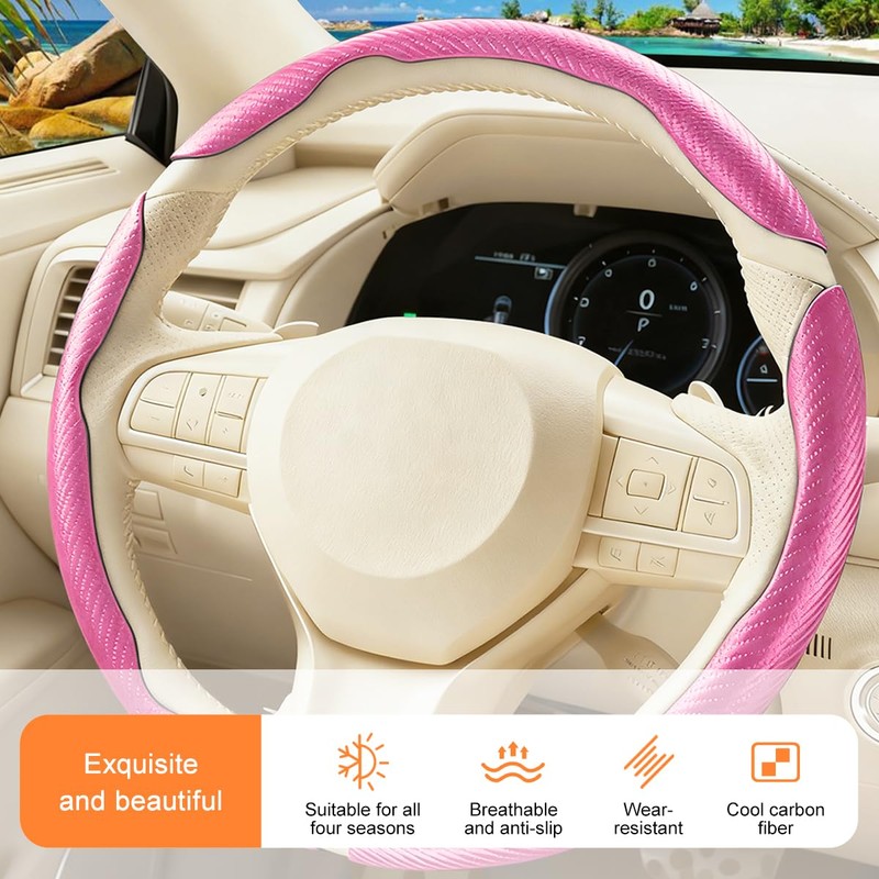 3PCS Carbon Fiber Car Steering Wheel Cover, Leather Segmented Anti-Skid