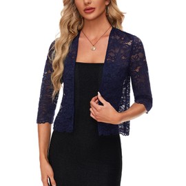 Kyzoeyou Elegant Lace Women Open Front Bolero Jackets Casual Cardigan 3/4 Sleeve Shrugs Casual Fridays Office Work (Navy XL)