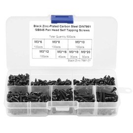 PENGLIN 500 Pcs Self Tapping Screws Set Pan Head M3 3mm Tapping Screws, Carbon Steel, 7 Types, Black, Storage Case Included