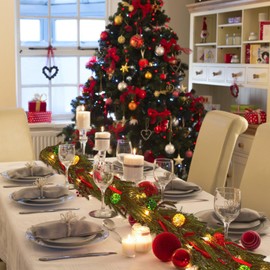 GCVNEX Christmas Garland with Lights for Mantle, 6 Ft Norfolk Pine Garland with 9 Christmas Bows and 2 LED Strings, Prelit Garland for Decoration Christmas, Table, Stairs, Indoor, Outdoor Decor