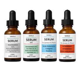 Kit Rutina Facial Diaria de 4 Serums, Niacinamida, Tea tree, Pantenol, Ácido Hialuronico, Vitamina A, Vitamina E, Colágeno y elastina. 30 ml c/u