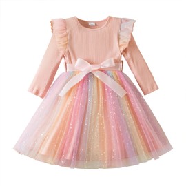 Nileafes Toddler Girl Tulle Long Sleeve Dress Sequin Rainbow Knit Party Bowknot Fall Winter Clothes Size 2Y (1-2 Years, 169-Pink)