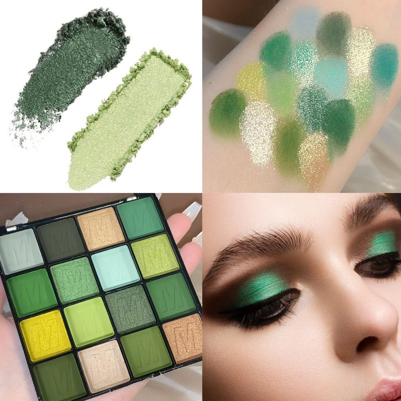 Fychuo Green Eyeshadow Palette Glitter Eyeshadow 16 Colours Eyeshadows Make