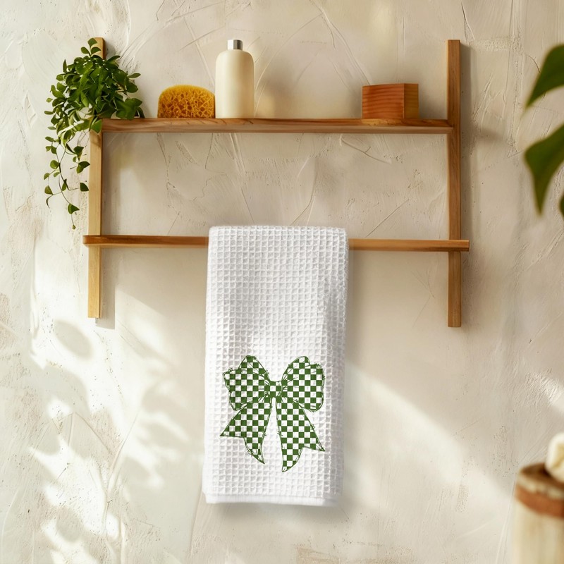 Coquette Green Checkered Bow Kitchen Towels, Black and White Checkerboard