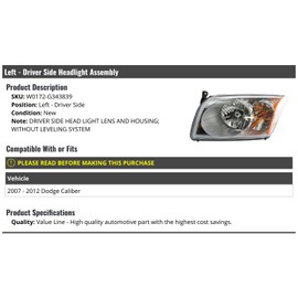 Left Driver Side Headlight Assembly - without Leveling System - Compatible with 2007-2012 Dodge Caliber